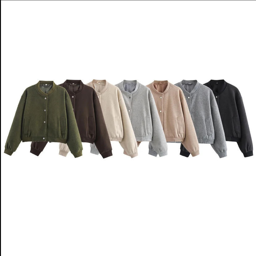 Dam 70+ Kort Ull Blend Blouson Jacka med Dragkedja, Skjort Krage och Lock Fickor