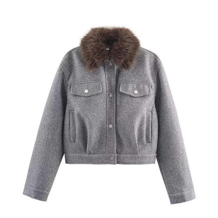 Dam Kort Ull Jacka med Voluminous Fur Krage, Tryckknapp-Knapp Fram och Lapp Bröst Fickor