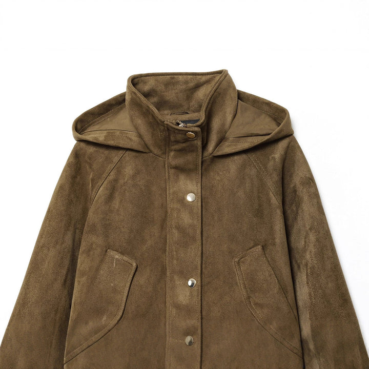 Dam kort mocka imitation parka med huva, hög krage och drawstring waist
