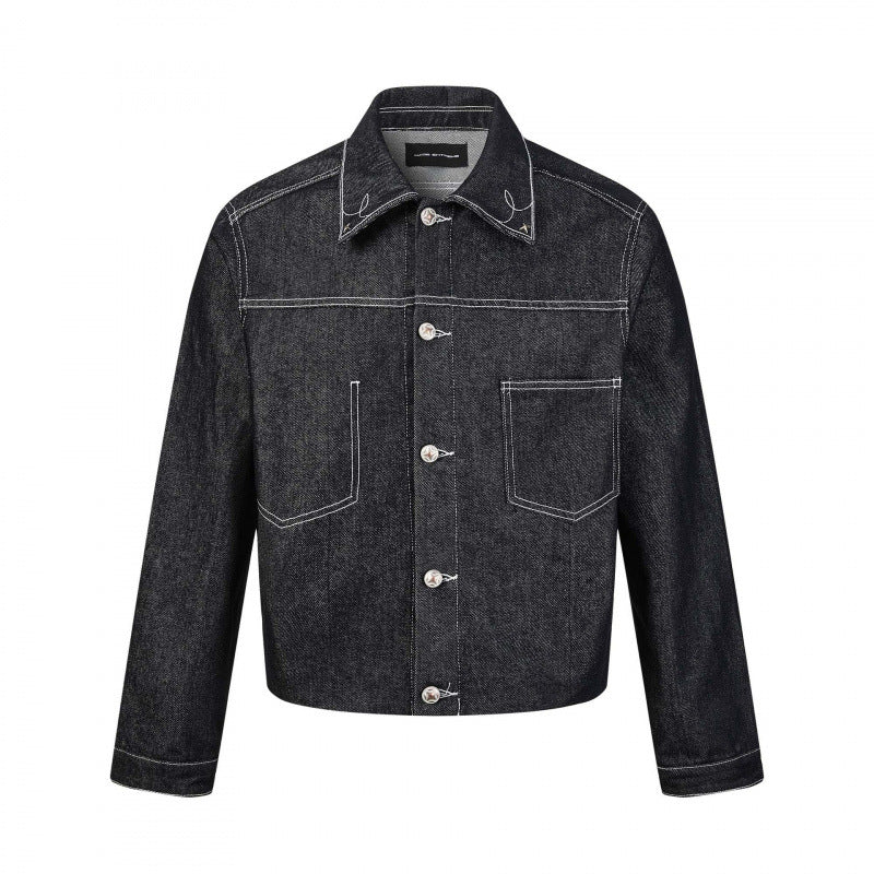 Herr boxig denimjacka med contrasting quiltad sömmar och patch bröstfickor