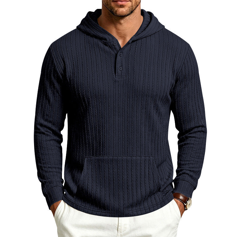 Herr med Huva Henley Pullover med Cable Stickad Structure, Känguruficka och Ribbstickade Muddar