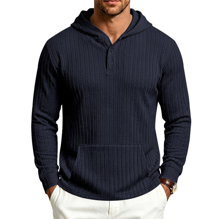 Herr med Huva Henley Pullover med Cable Stickad Structure, Känguruficka och Ribbstickade Muddar