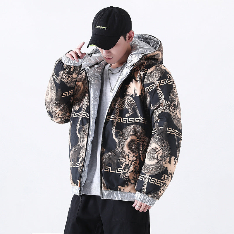 Herr Reflective Quiltad Down-Look Jacka med Huva och Heltäckande Tryck