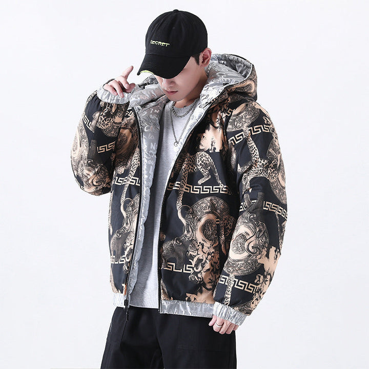 Herr Reflective Quiltad Down-Look Jacka med Huva och Heltäckande Tryck