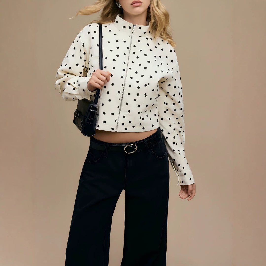 Dam Polka Dot kort jacka med Stand krage och dragkedja
