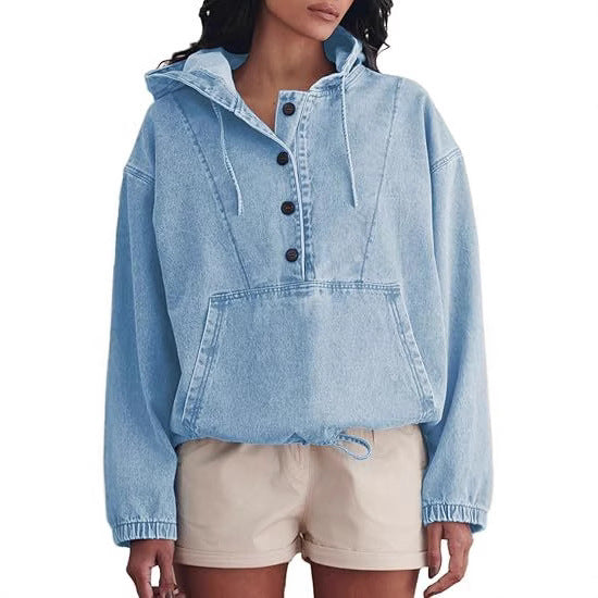 Dam jeans Half jacka med huva, Kangaroo ficka och dragsko