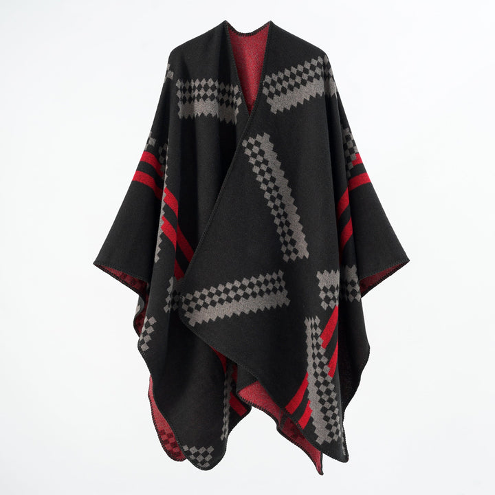 Dam oversized poncho Cape tillverkad av ullblandning med Geometric Jacquard och Decorative Stitching