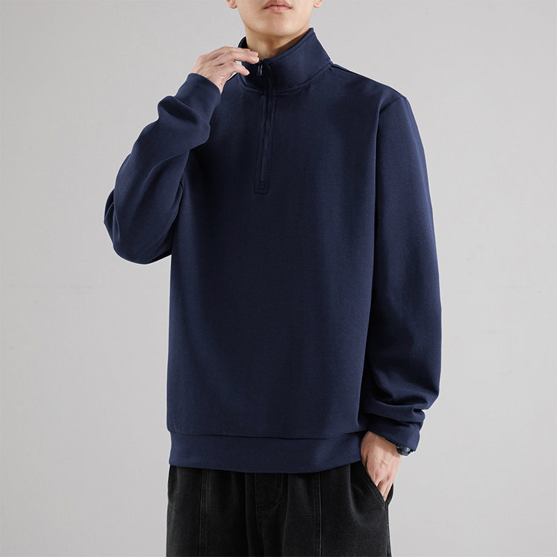 Herr Oversized Halv Dragkedja College-Tröja med Hög Ståkrage, Kraftig French Terry och Minimalistisk Design