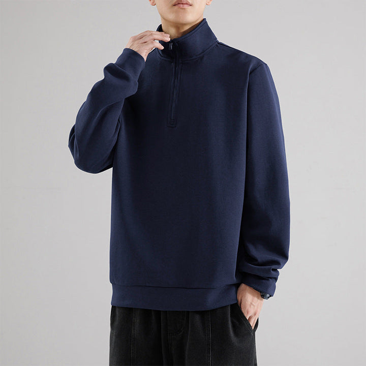 Herr Oversized Halv Dragkedja College-Tröja med Hög Ståkrage, Kraftig French Terry och Minimalistisk Design