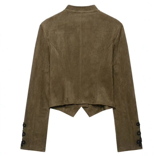 Dam Kort Skärning Suede Jacka i Military Look med Stå Krage och Dekorativ Cord Frog Appliqué