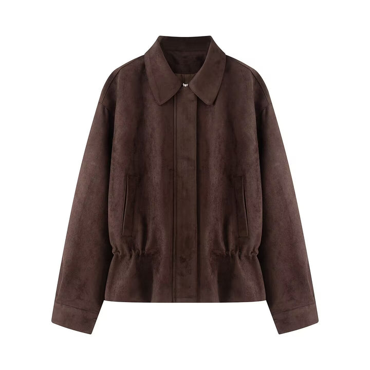 Dam Boxig Blouson Jacka Tillverkad av Suede-Like Material med Tailoring Tunnel och Dold Front