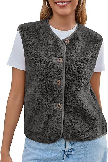 Dam teddy fleece väst med knappslå och sidofickor