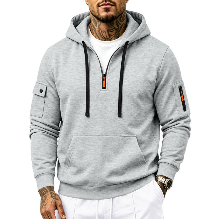 Herr Utility Halv Dragkedja med Huva Pullover med Ärm Fickor och Känguruficka