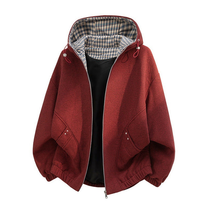 Dam oversized fleecejacka med huva och rutig innerfoder