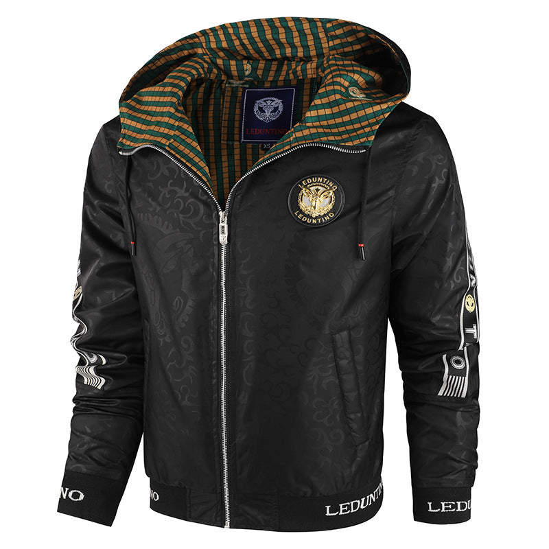 Herr Lätt med Huva Sports Jacka med Jacquard Mönster, Metal Dragkedja och Elastiska Muddar.