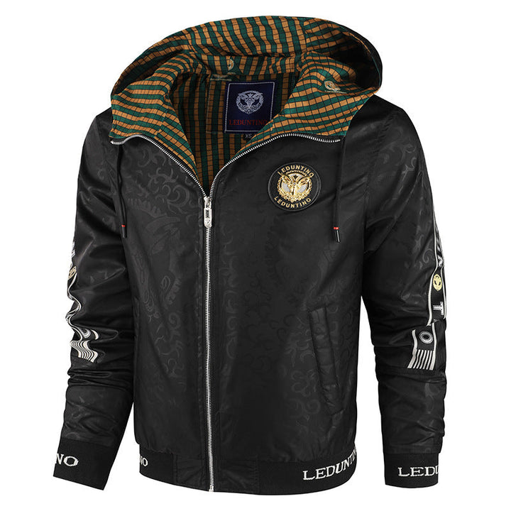 Herr Lätt med Huva Sports Jacka med Jacquard Mönster, Metal Dragkedja och Elastiska Muddar.