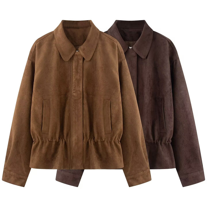 Dam Boxig Blouson Jacka Tillverkad av Suede-Like Material med Tailoring Tunnel och Dold Front