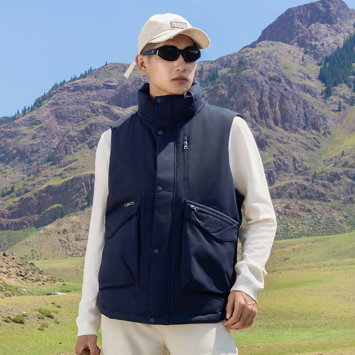 Herr Quiltad Väst med Hög Stående Krage och Multifunctional Zip Fickor