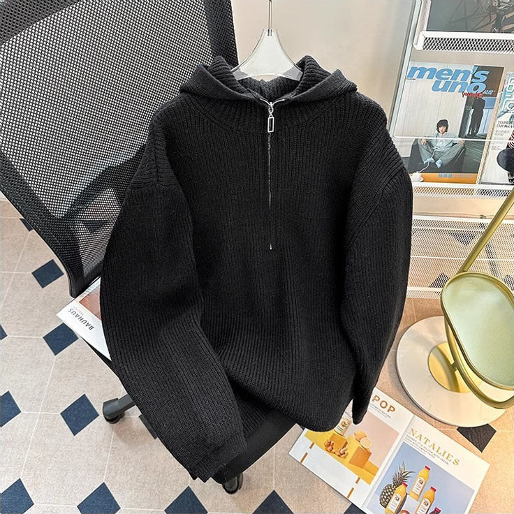 Herr Chunky Stickad Pullover med Huva och Dragkedja
