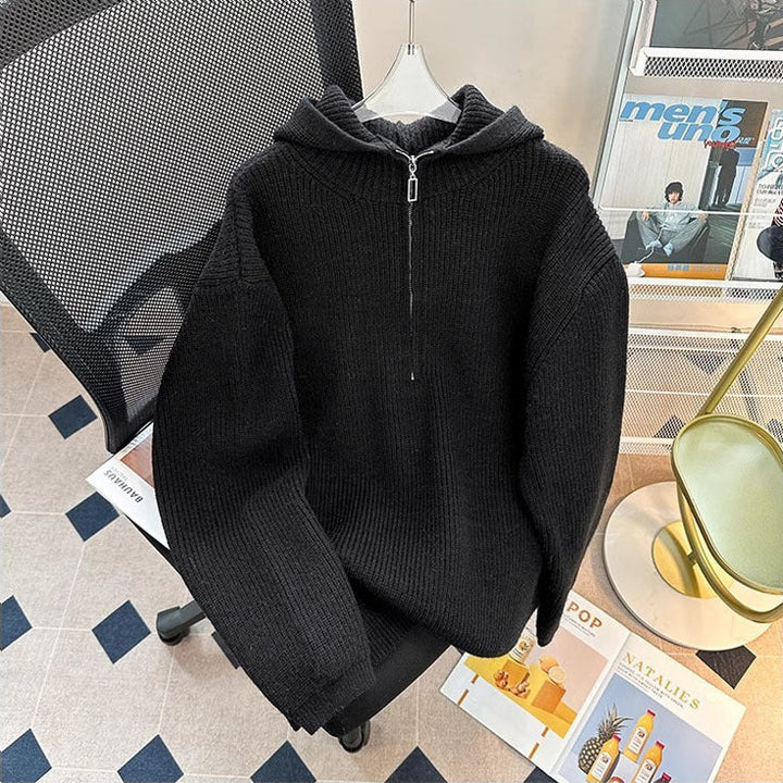 Herr Chunky Stickad Pullover med Huva och Dragkedja