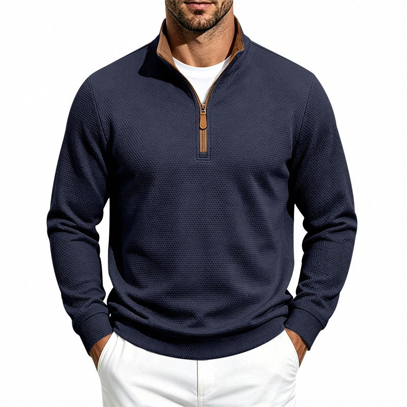 Herr Halv Dragkedja Pullover med Waffle Texture och Contrast Krage