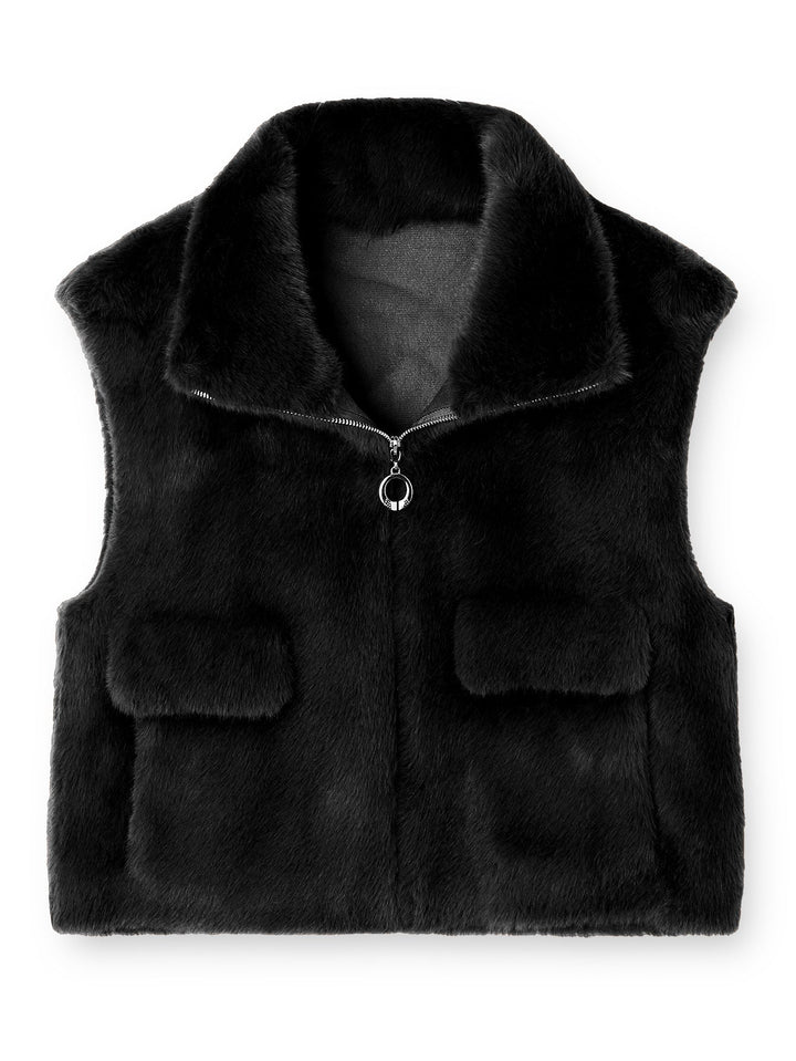 Dam ärmlös Faux Fur väst med ståkrage, dragkedja och Flap fickor