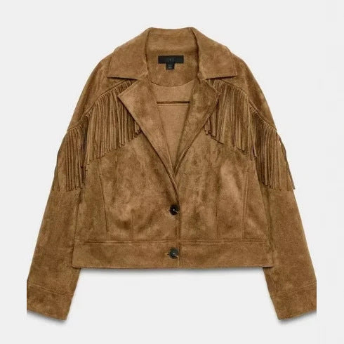 Dam Kort Velour Fringed Jacka med Notched Lapel