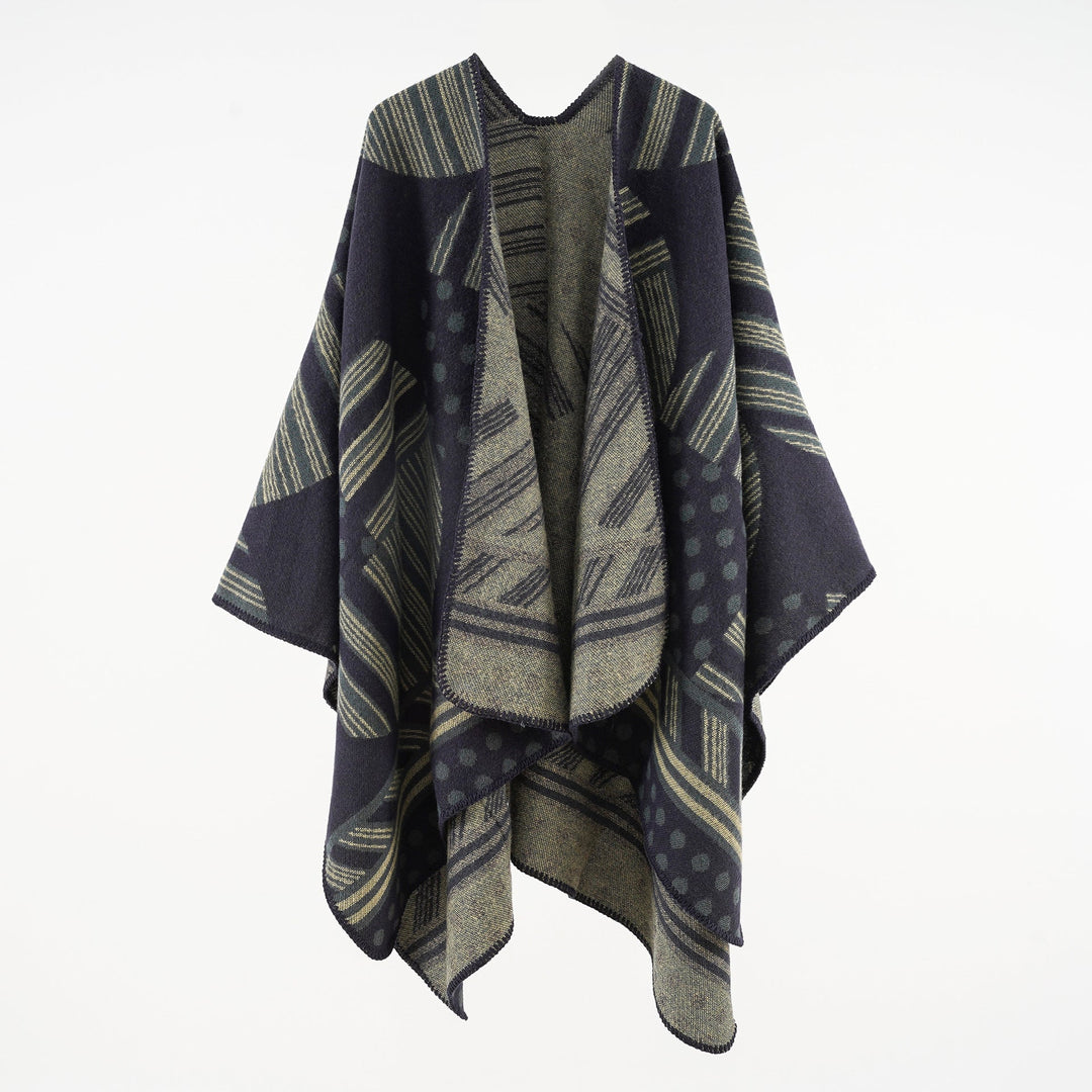 Dam Jacquard Ruana med graphic mönster och overlock edge
