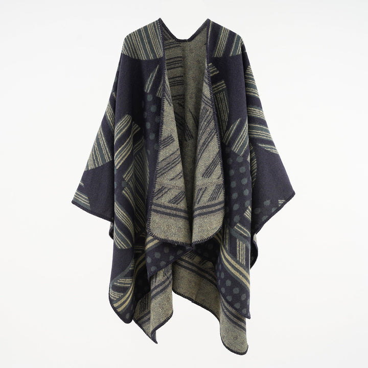 Dam Jacquard Ruana med graphic mönster och overlock edge