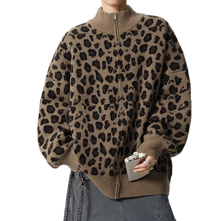 Herr Modern Stickad Jacka med Leopard Mönster och Hög Krage