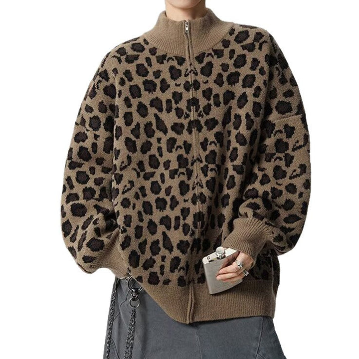 Herr Modern Stickad Jacka med Leopard Mönster och Hög Krage