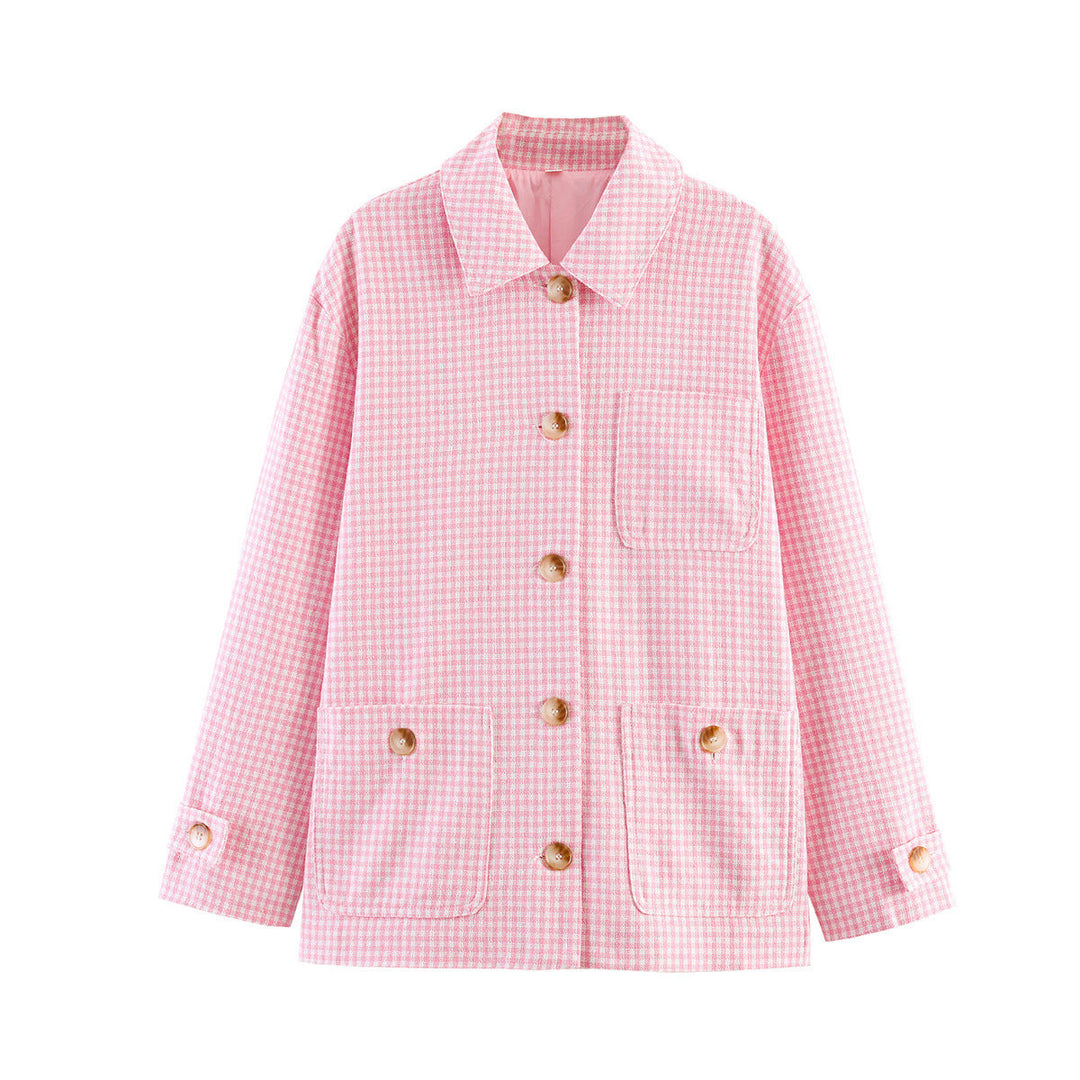 Dam Oversize Kort Jacka med Small Check, Patch Fickor och Dekorativ Knappar