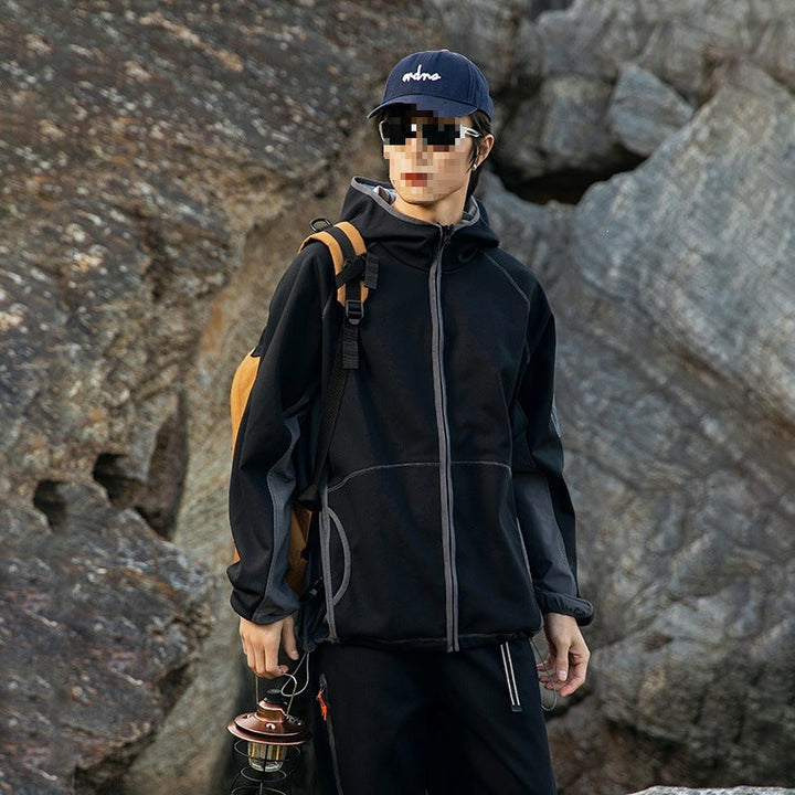 Herr Oversize Frilufts Fleece Jacka med Huva, Ärm Dragkedja Ficka &amp; Dragsko