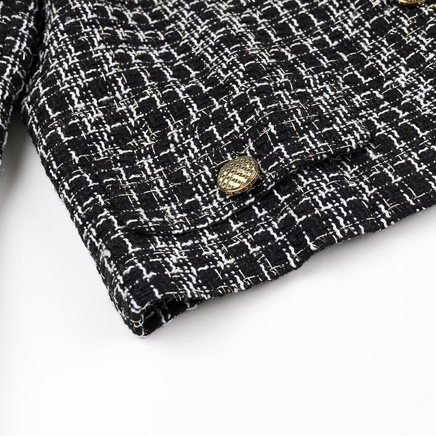 Dam kort Boucle tweed jacka med Round Neck, dekorativ dekorativ knappar och utanpåfickor