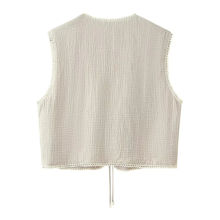Dam embroidered Boho väst med V-neck, front lacing och fin spets kant
