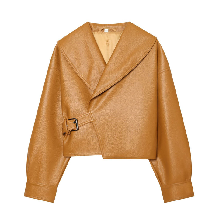 Dam Kort Faux Läder Blouson med Stora Shawl Krage och Waistband