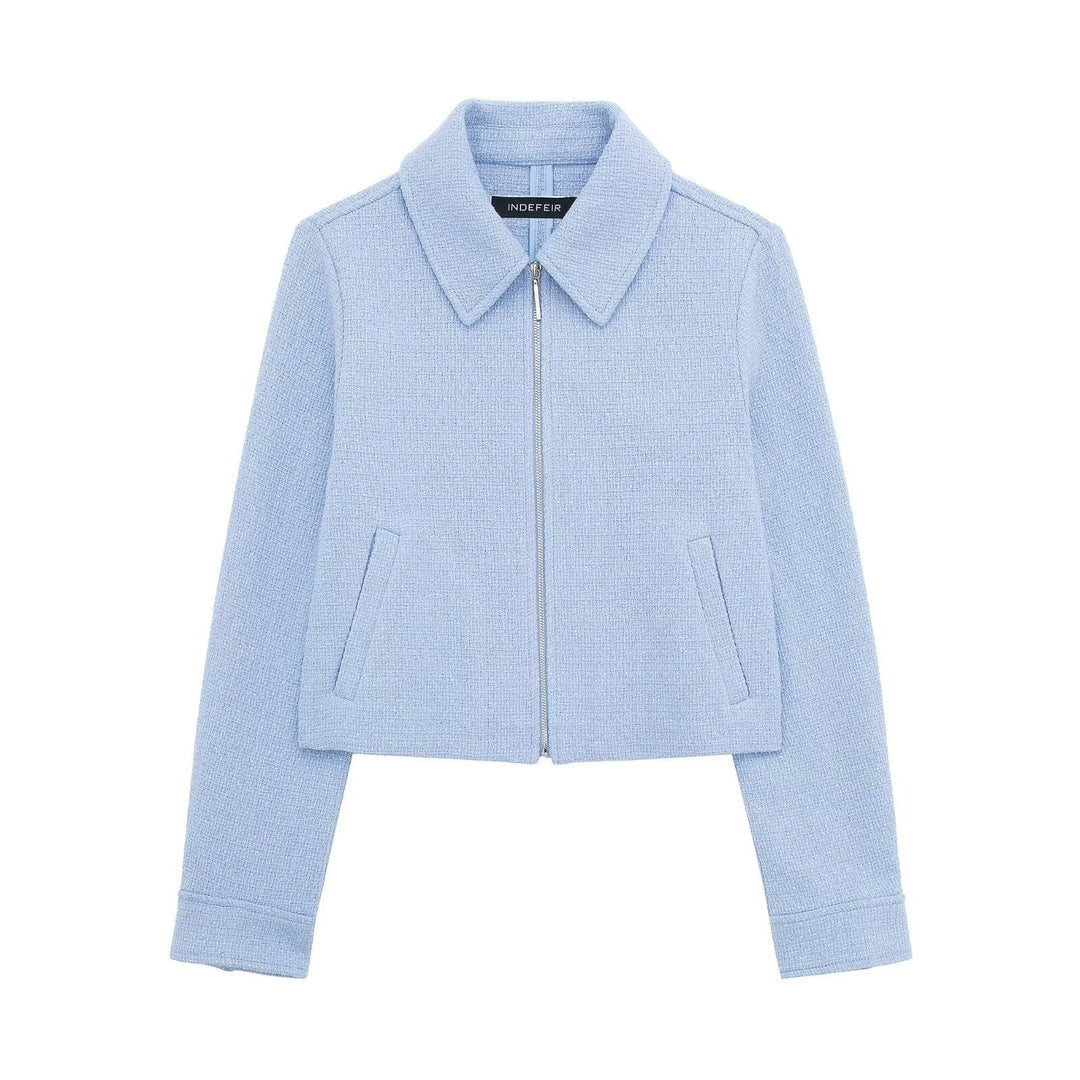 Dam structured kort jacka i bouclé look med dragkedja och skjortkrage