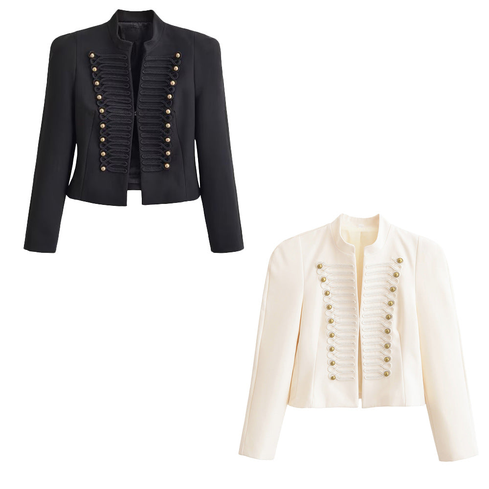 Dam Kort Jacka i Military Stil med Stå Krage &amp; Dekorativ Cord Embellishment