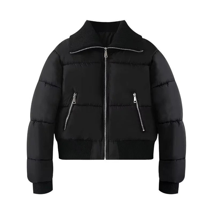 Dam Kort Quiltad Bomber Jacka med Hög Ståkrage, Ribbad Trims och Slanted Dragkedja Fickor