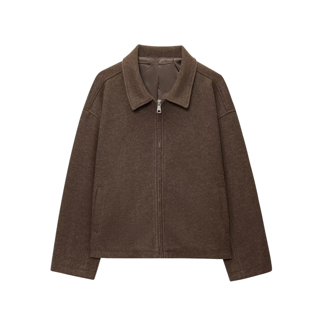 Dam Oversize Ull Blend Boxig Jacka med Full Dragkedja och Side Fickor