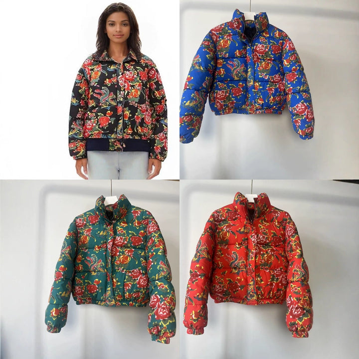 Dam Quiltad Vadderad Kort Jacka med Blommig Heltäckande Tryck och Ståkrage