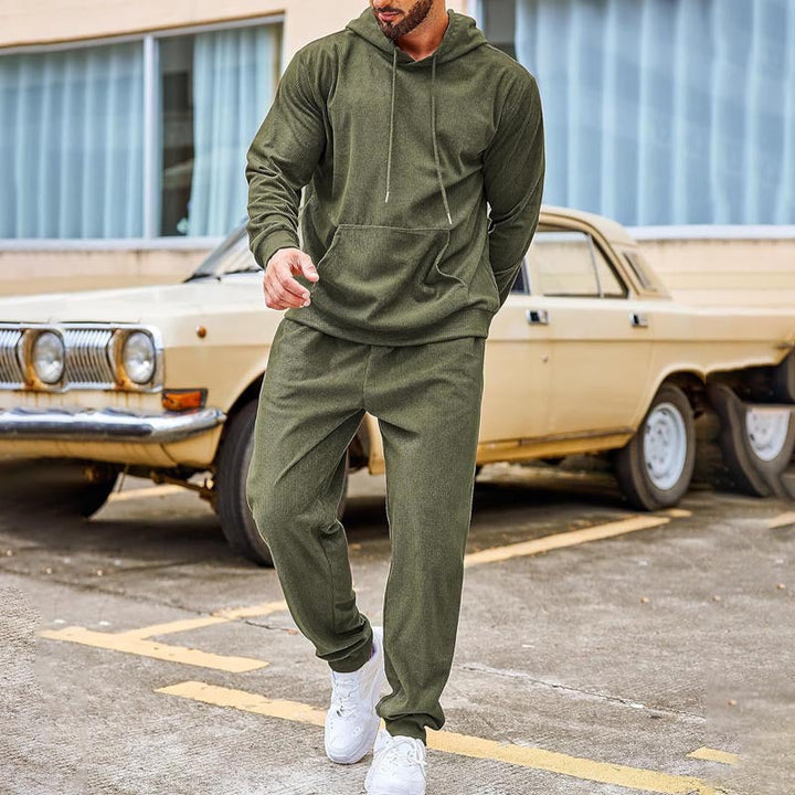 Herr Fleece Loungewear Set Gjord av French Terry med Luvtröja, Känguruficka, och Avslappnad Jogging Byxor