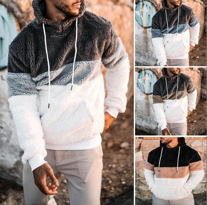 Herr Färg Block Teddy Fleece Luvtröja med Känguruficka och Dragsko