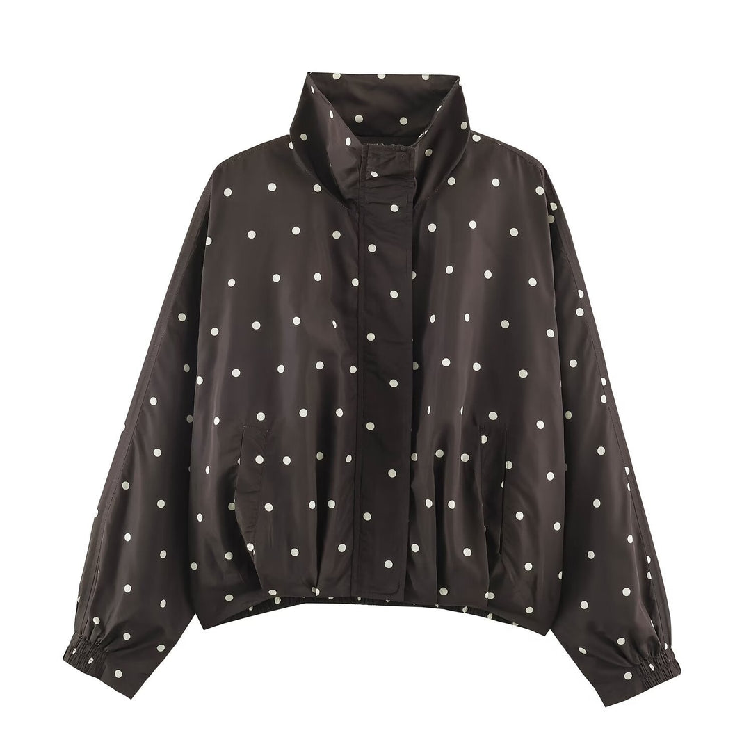 Dam Oversized Vindjacka med Dot Tryck, Hög Ståkrage och Elastic Fåll