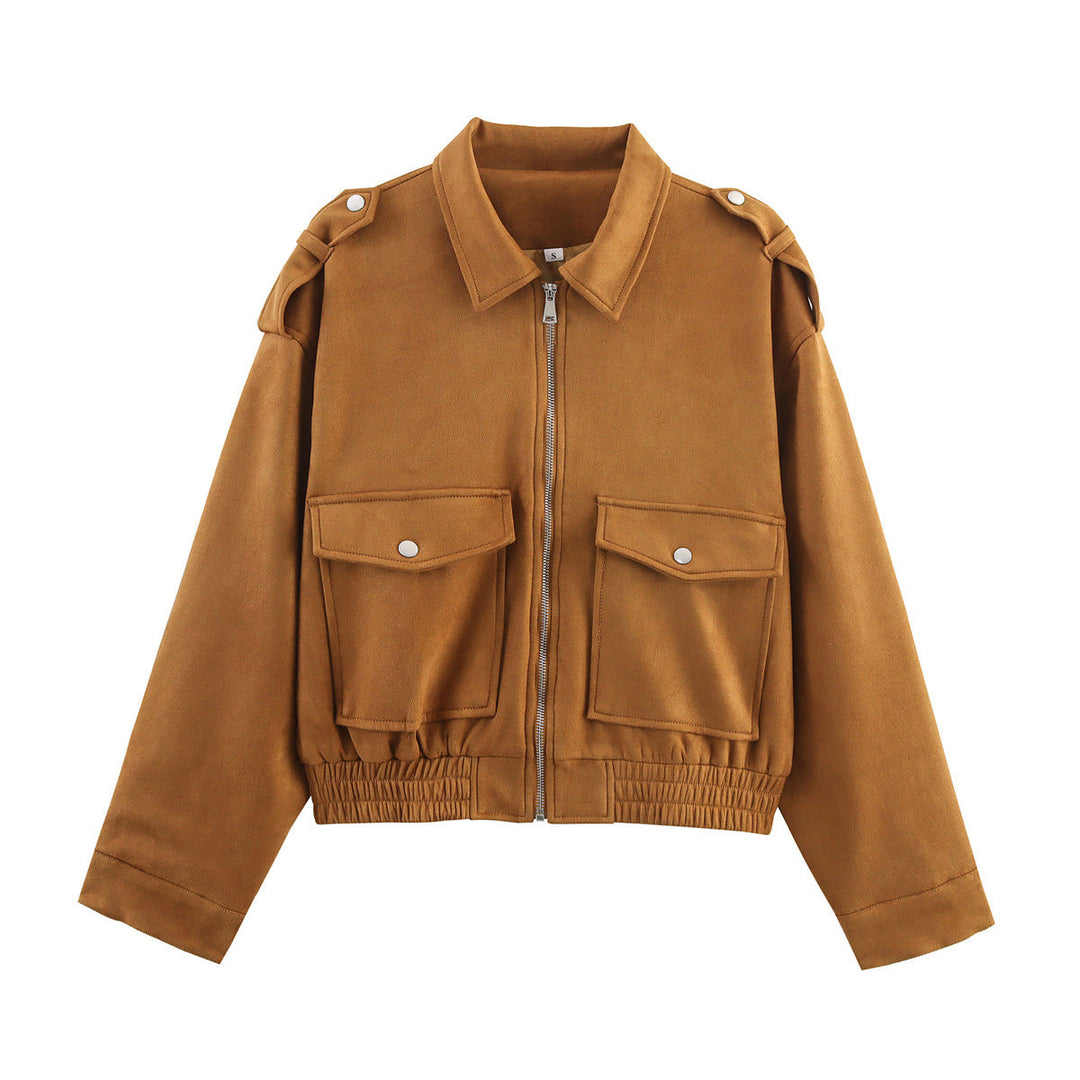 Dam 90+ Kort Suede-Look Blouson Jacka med Lock Fickor, Dragkedja och Epaulettes