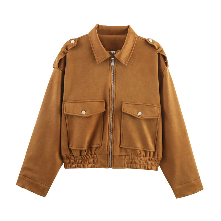 Dam 90+ Kort Suede-Look Blouson Jacka med Lock Fickor, Dragkedja och Epaulettes