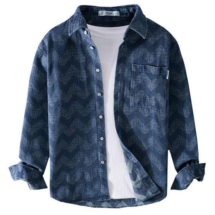 Herr Indigo-Structure Overshirt Tillverkad av Washed Denim med Zigzag Jacquard, Kent Krage och Bröstficka