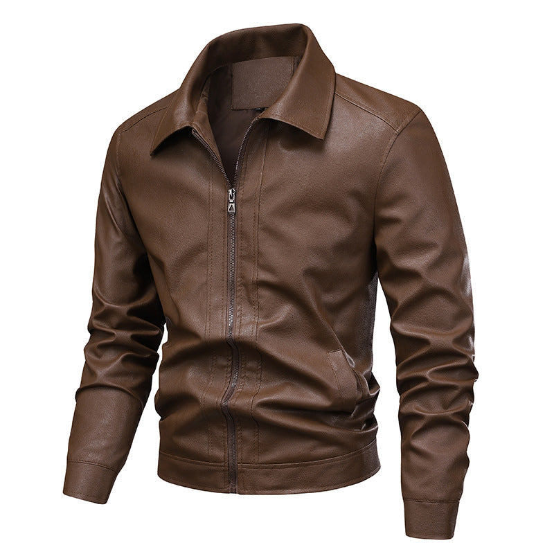 Herr Smal Passform Konstläder Blouson i Vintage Flight Stil med Skjorta Krage och Dragkedja