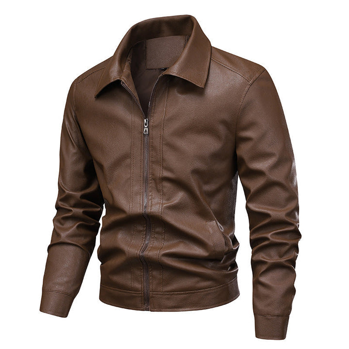 Herr Smal Passform Konstläder Blouson i Vintage Flight Stil med Skjorta Krage och Dragkedja