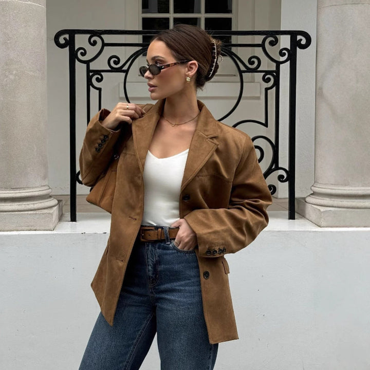 Dam cropped mocka blazer med lapel krage och påsydda fickor
